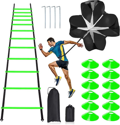 Pro Speed & Agility Training Set-Includes 12 Rung 20ft Adjustable Agility Ladder with Carrying Bag, 12 Disc Cones, 4 Steel Stakes, 1 Resistance Parachute, Use Equipment to Improve Footwork Any Sport (Green)
