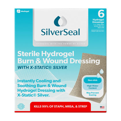 SilverSeal Burn and Wound Dressing, Hydrogel Pads with X-Static Silver, Soothing, Moist & Protective for Burns, Cuts & Wounds, 2