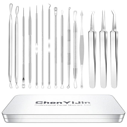 15 PCS Blackhead Remover Pimple Popper Tool Kit,Black Head Removal Extractor for Acne Comedone Whitehead Popping Zit Blemish Facial Skin Care Tools with Metal Case