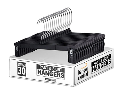 Hanger Central 30 Pack Space Saving Heavy Duty Slim Plastic Pants and Shorts Hangers, Ridged Non-Slip with Pinch Clips, 360-Rotating Chrome Swivel Hook, in Black, 12 Inches