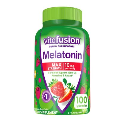 Vitafusion Max Strength Melatonin Gummy Supplements, Strawberry Flavored, 10 mg Melatonin Sleep Supplements, America's Number 1 Gummy Vitamin Brand, 50 Day Supply, 100 Count