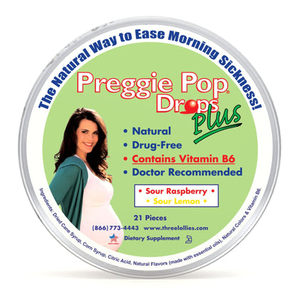 Preggie Pop Drops Plus | 21 Drops | Vitamin B6 for Morning Sickness & Nausea Relief during pregnancy | Safe for pregnant Mom & Baby | Gluten Free | Two Flavors: Lemon & Raspberry