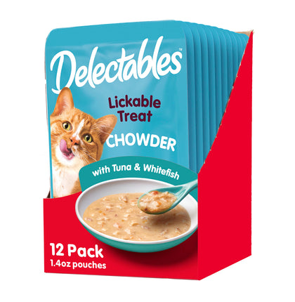 Hartz Delectables Chowder Lickable Wet Cat Treats for Kitten, Adult & Senior Cats, Tuna & Whitefish, 12 Count