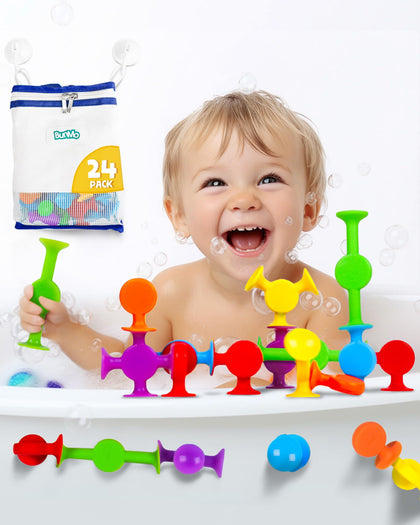 BUNMO Suction Bath Toys 24pcs | Connect, Build, Create | Mold Free Bath Toys | Kids Bath Toys | Toddler Bath Toys | Stocking Stuffers for Kids 3-5 | Montessori Toys