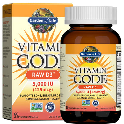 Garden of Life Vitamin D, Vitamin Code Raw D3, Vitamin D 5,000 IU, Raw Whole Food Vitamin D Supplements with Chlorella, Fruit, Veggies & Probiotics for Bone & Immune Health. 60 Vegetarian Capsules