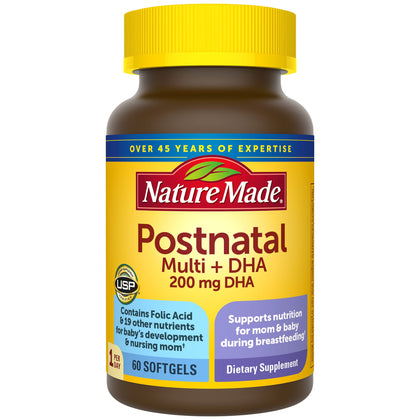 Nature Made Postnatal Multivitamin + DHA 200 mg, Postnatal Vitamins for Breastfeeding Moms & Babies, Vitamins & Nutrients Include Iron, Vitamin D3, Calcium, Iodine and More, 60 Softgels