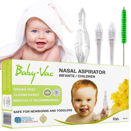 BABY-VAC Clinically Tested Baby Nasal Aspirator - Vacuum-Powered Nose Sucker with 2 Suction Head & Cleaning Brush for Safe and Gentle Relief