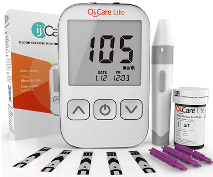 Oh'Care Lite Blood Sugar Test Kit - Blood Glucose Meter with Strips and Lancets, Lancing Device, Log, and Case - One Touch Eject Glucometer (50 Strips & 50 Lancets)