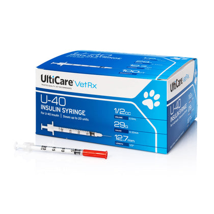 UltiCare VetRx U-40 Pet Insulin Syringes, Comfortable & Accurate Dosing of Insulin for Pets, Compatible with Any U-40 Strength Insulin, Size: 1/2cc, 29G x ½