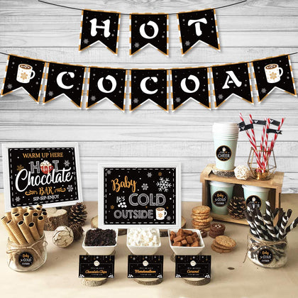 Hot Chocolate Bar Kit Hot Cocoa Banner Bar Kit Hot Chocolate Bar Supplies Sign Labels Cup Tags for Wintertime Holiday Christmas Baby It's Cold Outside Decorations New Year Party