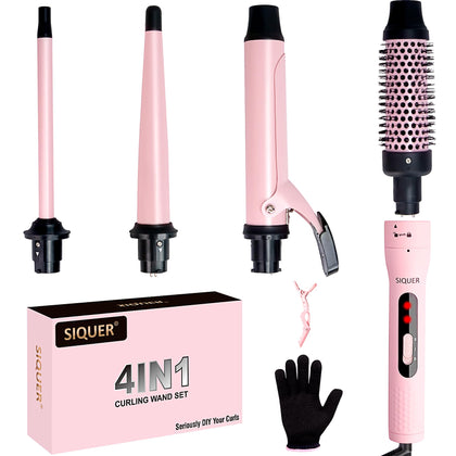4 in 1 Curling Wand Set - SIQUER Curling Iron Set with Clamp Heated Bush Beach Waves Wands 1/2 Inch to 1 1/2 Inch Instant Heat Up Hair Curler for Women with Gift Box (Pink) 120v