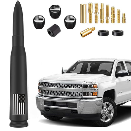 Truck Car Bullet Antenna with Valve Stem Caps Mast for GM Chevy Silverado 1500 2500 3500 HD Ford F150 F250 F350 Denali Heavy Pickup Truck Accessories (Black)-Anti Theft-America Flag-Carwash Safe