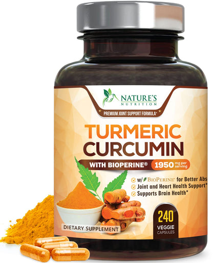 Turmeric Curcumin with BioPerine 95% Standardized Curcuminoids 1950mg - Black Pepper for Max Absorption, Natural Joint Support, Natures Turmeric Supplement, Vegan Herbal Extract, Non-GMO, 240 Capsules