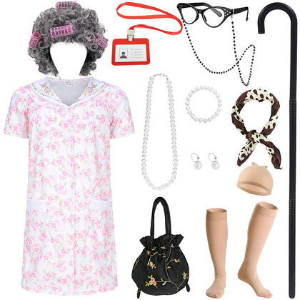 Slivomi 14 Pcs Old Lady Costume Kids Girls 100 Days of School Costume Grandma Cosplay Old Person Dress Up Outfit Pink Dress with Accessories SV005M