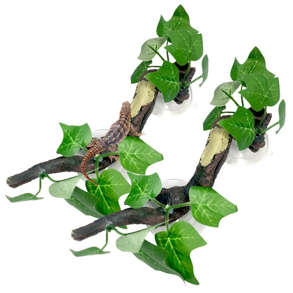 Fhiny 2 PCS Reptile Corner Branch, Resin Climb Tree Branch Decor with Leaves Tank Accessories Terrarium Plant Ornament with Suction Cup for Snake Lizard Bearded Dragons Gecko Climbing
