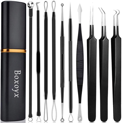 Pimple Popper Tool Kit - Boxoyx 10 Pcs Blackhead Remover Comedone Extractor Kit with Box for Quick and Easy Removal of Pimples, Blackheads, Zit Removing, Forehead,Facial and Nose (Black)