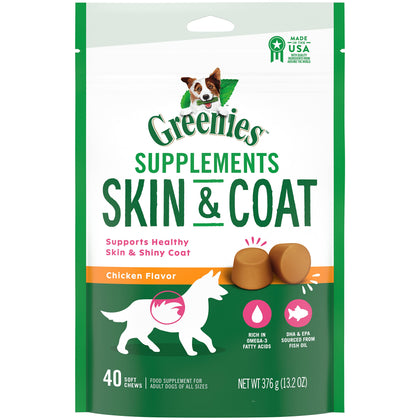 GREENIES Skin & Coat Food Supplements with Fish Oil & Omega 3 Fatty Acids, 40-Count Chicken-Flavor Soft Chews for Adult Dogs