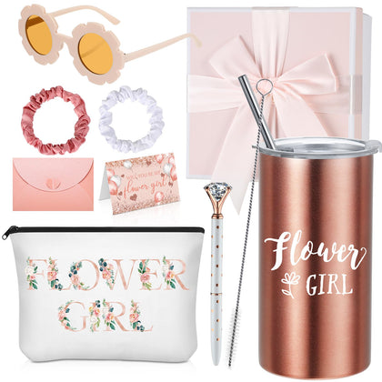9 Pcs Gifts Set Personalized Tumbler with Straw Be My Flower Girl Card Box Canvas Bag Sunglasses Hair Ring Diamond Pen Envelope Bride Gifts for Wedding Party