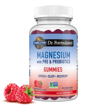 Garden of Life - Dr Formulated Magnesium Citrate Supplement with Prebiotics & Probiotics for Stress, Sleep & Recovery - Vegan, Gluten Free, Kosher, Non-GMO, No Added Sugars - 60 Raspberry Gummies