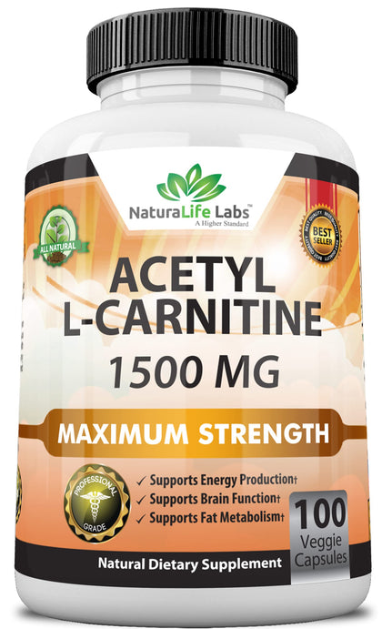 Acetyl L-Carnitine 1,500 mg High Potency Supports Natural Energy Production, Sports Nutrition, Supports Memory/Focus - 100 Veggie Capsules (Expiry -9/30/2025)