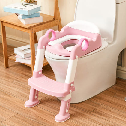 Potty Training Toilet Seat with Step Stool Ladder for Boys and Girls Baby Toddler Kid Children Toilet Training Seat Chair with Handles Padded Seat Non-Slip Wide Step(Pink)
