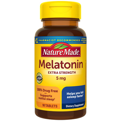 Nature Made Melatonin 5mg Extra Strength Tablets, 100% Drug Free Sleep Aid for Adults, 90 Tablets, 90 Day Supply