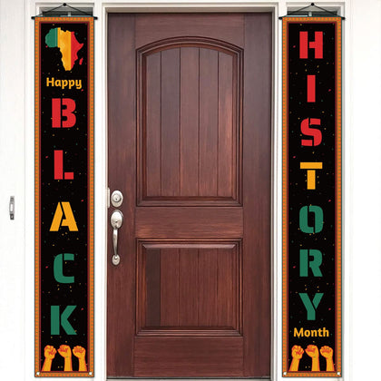 Pudodo Happy Black History Month Porch Banner African American Fist February Holiday Front Door Sign Wall Hanging Party Decoration
