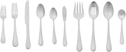 Amazon Basics 65-Piece Stainless Steel Flatware Set with Pearled Edge - Service for 12, Silver