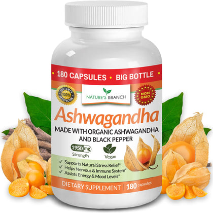 Organic Ashwagandha with Black Pepper - 180 Capsules - 1965mg Extra Strength for Stress and Mood, Sleep, Thyroid, Focus, Hair, Pure Root Extract Powder - 180 Vegan Supplements for Men and Women