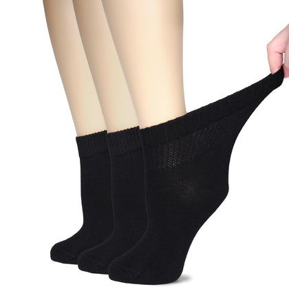 Hugh Ugoli Women's Bamboo Ankle Loose Fit Diabetic Socks, Soft, Seamless Toe, Wide Stretchy, Non-Binding Top, 3 Pairs, Black.