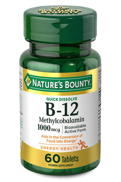 Nature's Bounty Vitamin B12, Supports Energy Metabolism and Nervous System Health, 1000mcg, 60 Quick Dissolve Tablets