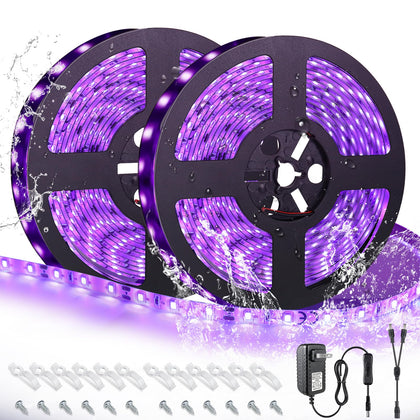 LED UV Black Light Strip Kit, Ultraviolet Waterproof IP65 32.8FT/10M 3528 600LEDs, 395nm-405nm Blacklight for DJ Bar Club Party Decor Night Fishing with 12V Power Supply