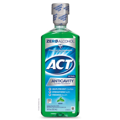 ACT Anticavity Zero Alcohol Fluoride Mouthwash 18 fl. oz., With Accurate Dosing Cup, Mint