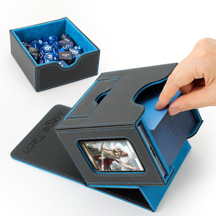 Mage Tech Card Deck Box for MTG Commander - Patented Design, Commander Display, Fits 100 Double-Sleeved Cards, 35pt Card Brick & Dice Tray - Black/Blue