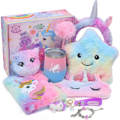 Tacobear Unicorns Gifts for Girls Kids Toys 6 7 8 9 10 Years Old with Star Light Up Pillow Stationery Plush Diary with Lock Headband Eye Mask Water Bottle Teen Girl Birthday Christmas Unicorn Toy