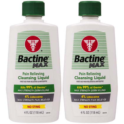 Bactine MAX Pain Relieving Cleansing Liquid with Lidocaine, First Aid Pain + Itch Relief, Kills 99% of Germs*, 4oz 2 Pack