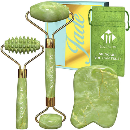 Jade Roller for Face and Gua Sha Set - 2 Anti-Aging Rollers and Gua-Sha Facial Tool - Face and Body Massager for Your Skincare Routine - Face Roller for Wrinkles and Lifting for Lymphatic Drainage