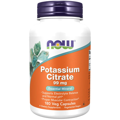 NOW Supplements, Potassium Citrate 99 mg, Supports Electrolyte Balance and Normal pH, Essential Mineral, 180 Veg Capsules