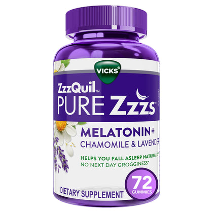ZzzQuil PURE Zzzs Melatonin Sleep Aid Gummies, Helps You Fall Asleep Naturally, Wildberry Vanilla Flavor, Chamomile Lavender & Valerian Root, 1mg per gummy, 72 Count (Expiry -8/31/2024)