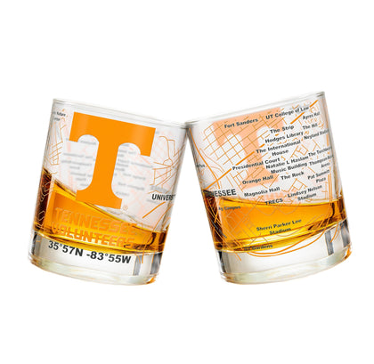 Greenline Goods - University Of Tennessee Whiskey Glass Set (2 Low Ball Glasses) - Contains Full Tennessee Volunteers Logo & Campus Map - Volunteers Gift College Grads & Alumni - College Glassware