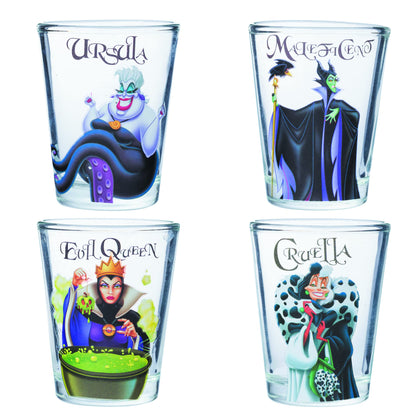 Silver Buffalo Disney Villains Queen, Cruella, Malificent, and Ursula 4 Pack Mini Glass Set, 1.5 Ounce