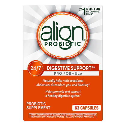 Align Probiotic, Pro Formula, Probiotics for Women and Men, Daily Probiotic Supplement, Helps Soothe Occasional Abdominal Discomfort & Bloating*, #1 Doctor Recommended Brand, 63 Capsules