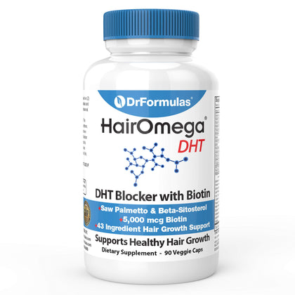 DrFormulas DHT Blocker for Men and Women | HairOmega Advanced Hair Growth Supplements with Biotin 5000 mcg | Hair Loss Vitamins Pills, 45 Day Supply (expiry -11/30/2025)