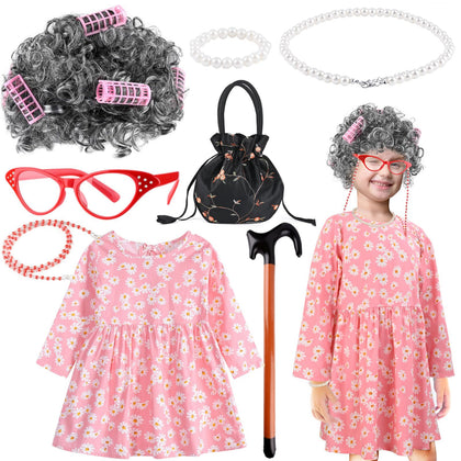 Matiniy Old Lady Costume Kit for Girls,Wig Farmhouse Skirt Bucket Bag Glasses&Chain Cane Prop for 100 Days of School Kids Granny Cosplay Dress Up,Style 2,4-5 Years