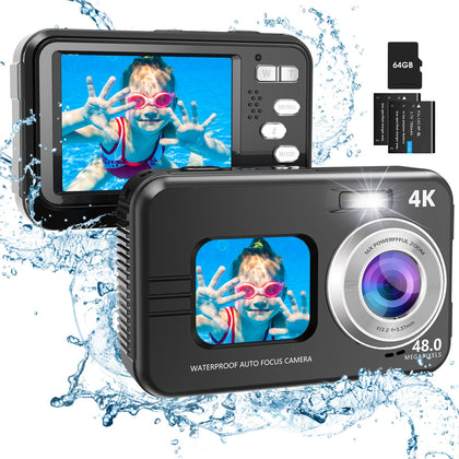 Underwater Camera, 4K 48MP Autofocus Waterproof Digital Camera with Selfie HD Dual Screens,11FT 16X Zoom Waterproof Camera with 64GB Card,Fill Light Underwater Camera for Snorkeling
