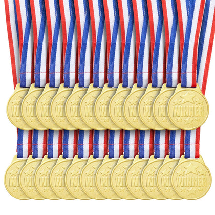 Juvale 24 Pack Gold Winner Medals for Kids and Adults - Participation Awards with 15.3-Inch Red, White, and Blue Neck Ribbons for Sports, Tournaments, Competitions (Metal, 1.5 in)