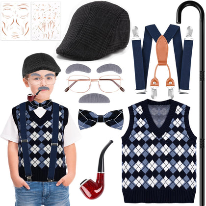 Matiniy Old Man Costume Grandpa Cosplay Accessories Set for Kids for 100 Days of School Dress Up Supplies (Navy Blue, 5-7Years)