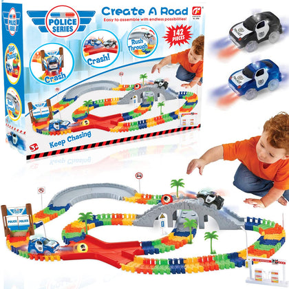 142 Pieces Police Patrol Chase Create a Road Super Snap Speedway - Magic Journey Flexible Track Set with LED Light Up Toy Cars