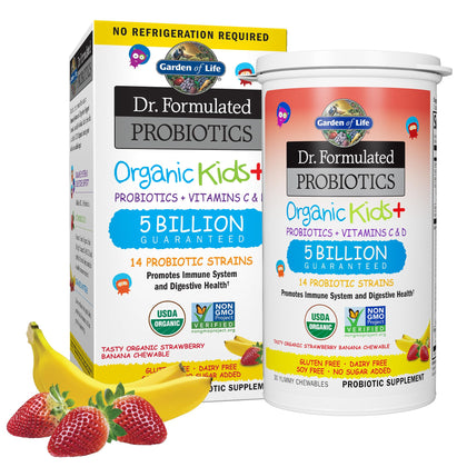 Garden of Life Dr. Formulated Probiotics Organic Kids+ plus Vitamin C & D, Strawberry Banana, Gluten Dairy & Soy Free Immune & Digestive Health Supplement, No Added Sugar, 30 Chewables (Shelf Stable)