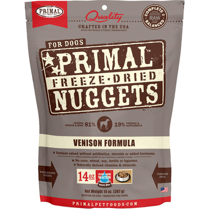Primal Freeze Dried Dog Food Nuggets Venison, Complete & Balanced Scoop & Serve Healthy Grain Free Raw Dog Food, Crafted in The USA, 14 oz